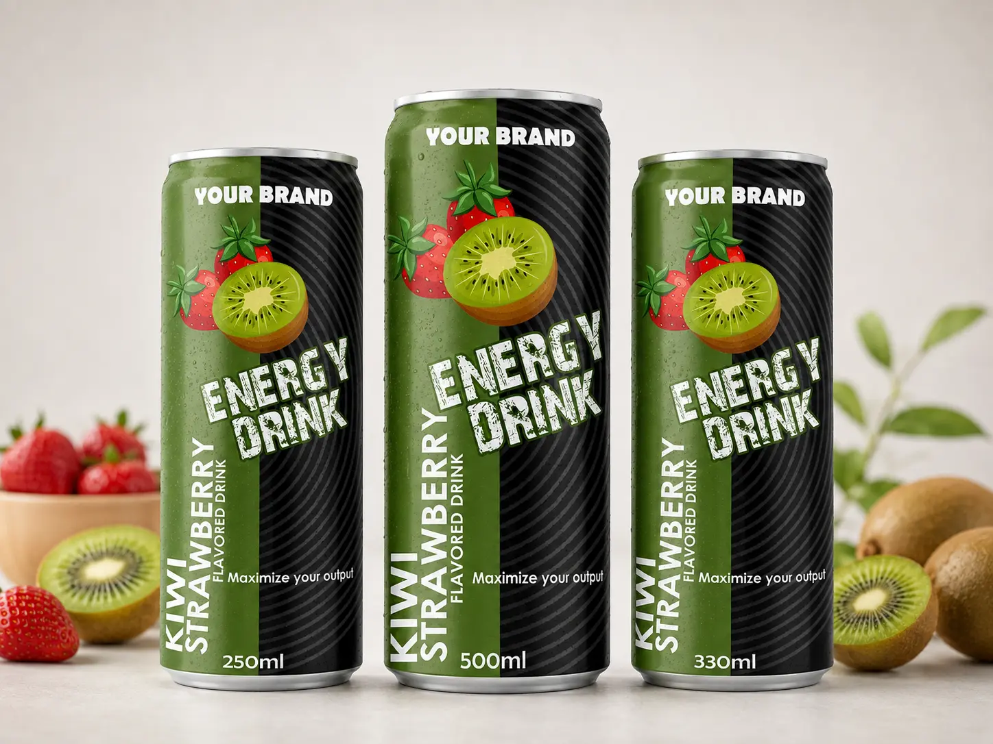 ENERGY DRINK Kiwi Strawberry flavored drink cans in 250ml, 500ml, and 330ml cans.